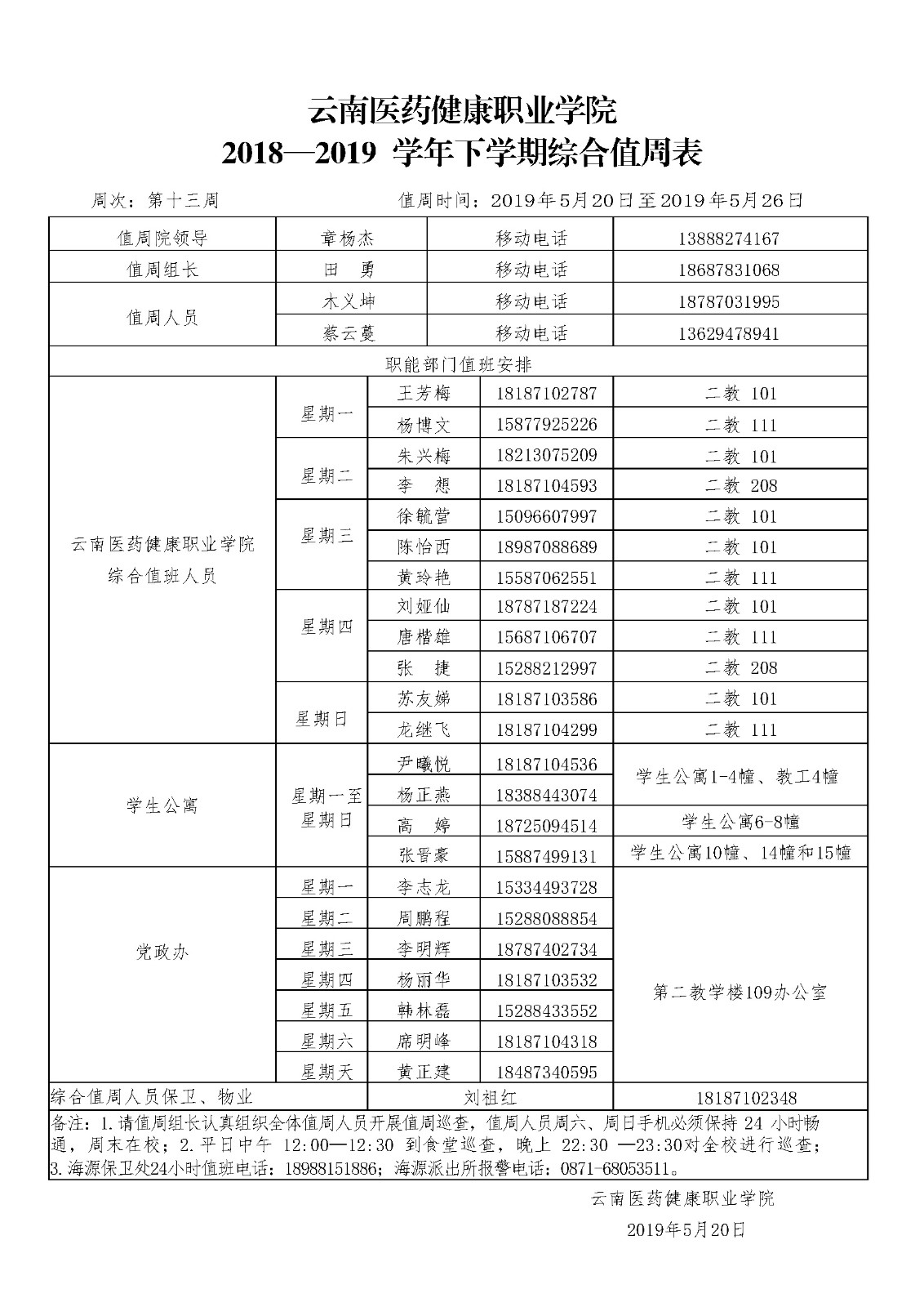 云南医药、医学院2018-2019学年下学期第十三周综合值周安排表（定稿）.jpg